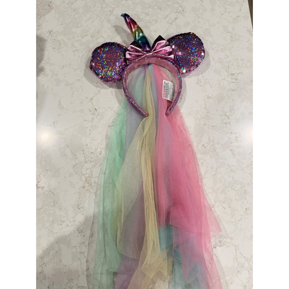 Disney Parks Minnie Mouse Unicorn Rainbow Sequin Ears Headband with Tulle Veil